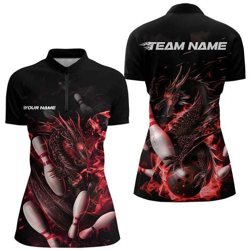 Custom Black And Red Flame Dragon Bowling Womens Quarter-Zip Shirts, Bowling Team Shirt IPHW8415