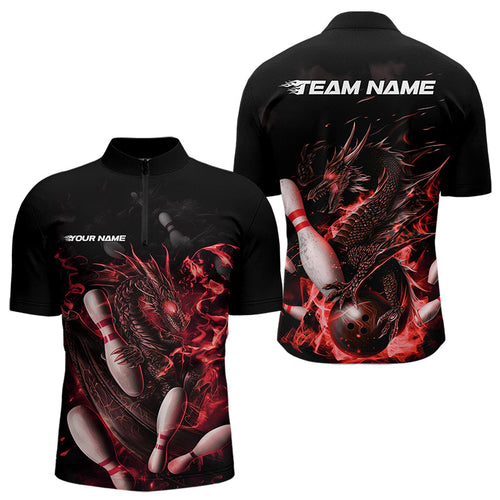 Custom Black And Red Flame Dragon Bowling Quarter-Zip Shirts For Men, Bowling Tournament Team Shirt IPHW8415