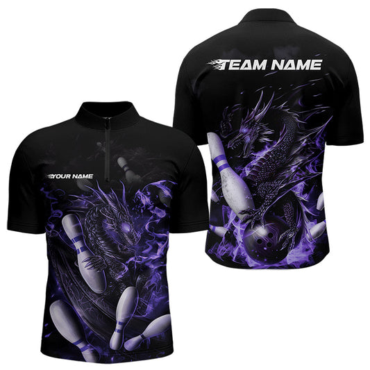 Custom Black And Purple Flame Dragon Bowling Quarter-Zip Shirts For Men, Bowling Team Shirt IPHW8416