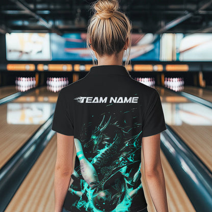 Custom Black And Blue Flame Dragon Bowling Womens Quarter-Zip Shirts, Bowling Team Shirt IPHW8417