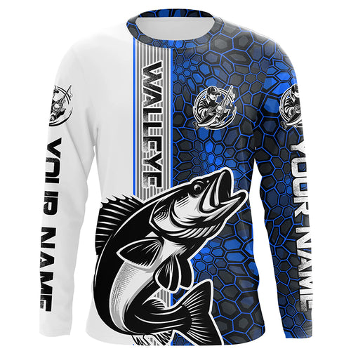 Walleye Fishing Custom Long Sleeve Tournament Shirts, Walleye Fishing Jerseys | Water Blue Camo IPHW6639