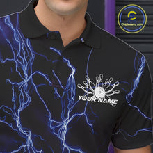 Load image into Gallery viewer, Custom Blue Thunder Lightning Bowling Ball And Pins Polo Shirts For Men, Team Uniform IPHW9507