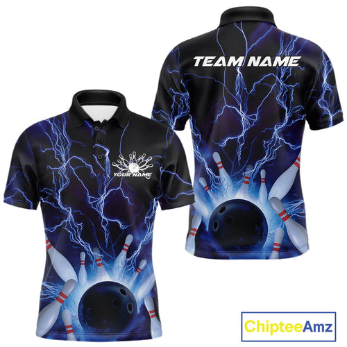 Custom Blue Thunder Lightning Bowling Ball And Pins Polo Shirts For Men, Team Uniform IPHW9507