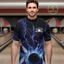 Load image into Gallery viewer, Custom Blue Thunder Lightning Bowling Ball And Pins Quarter-Zip Shirts For Men, Team Uniform IPHW9507