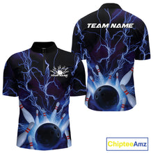 Load image into Gallery viewer, Custom Blue Thunder Lightning Bowling Ball And Pins Quarter-Zip Shirts For Men, Team Uniform IPHW9507