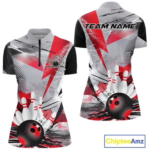 Custom Red And Gray Geometric Bowling Jerseys Bowling Team Quarter-Zip Shirts For Women IPHW9508