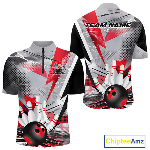 Custom Red And Gray Geometric Bowling Jerseys Bowling Team Quarter-Zip Shirts For Men IPHW9508