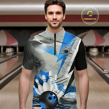 Load image into Gallery viewer, Custom Blue And Gray Geometric Bowling Jerseys Bowling Team Quarter-Zip Shirts For Men IPHW9509