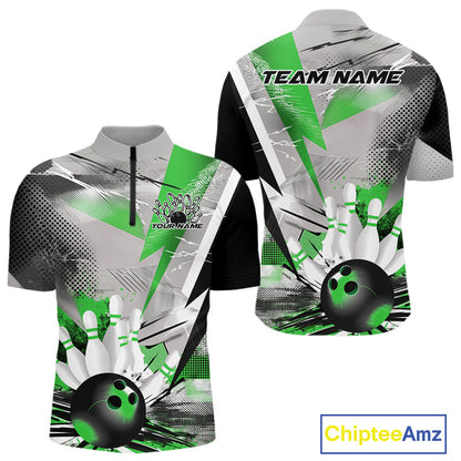 Custom Green And Gray Geometric Bowling Jerseys Bowling Team Quarter-Zip Shirts For Men IPHW9510