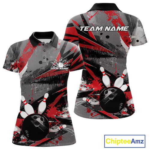 Custom Grunge Red Bowling Polo Shirts For Women, Vintage Bowling Team Shirts IPHW9511