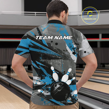Custom Grunge Blue Bowling Quarter-Zip Shirts For Men, Vintage Bowling Team Shirts IPHW9512