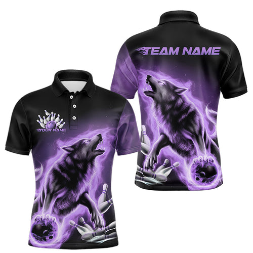 Custom Purple Fire Flaming Wolf Bowling Polo Shirts For Men, Wolf Bowling Tournament Shirt IPHW8428