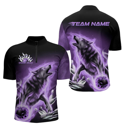 Custom Purple Fire Flaming Wolf Bowling Quarter-Zip Shirts For Men, Wolf Bowling Tournament Shirt IPHW8428