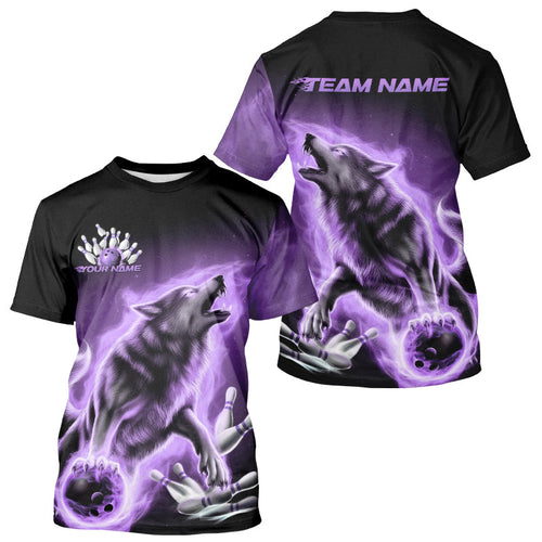Custom Purple Fire Flaming Wolf Bowling T-Shirts For Men, Wolf Bowling Tournament IPHW8428