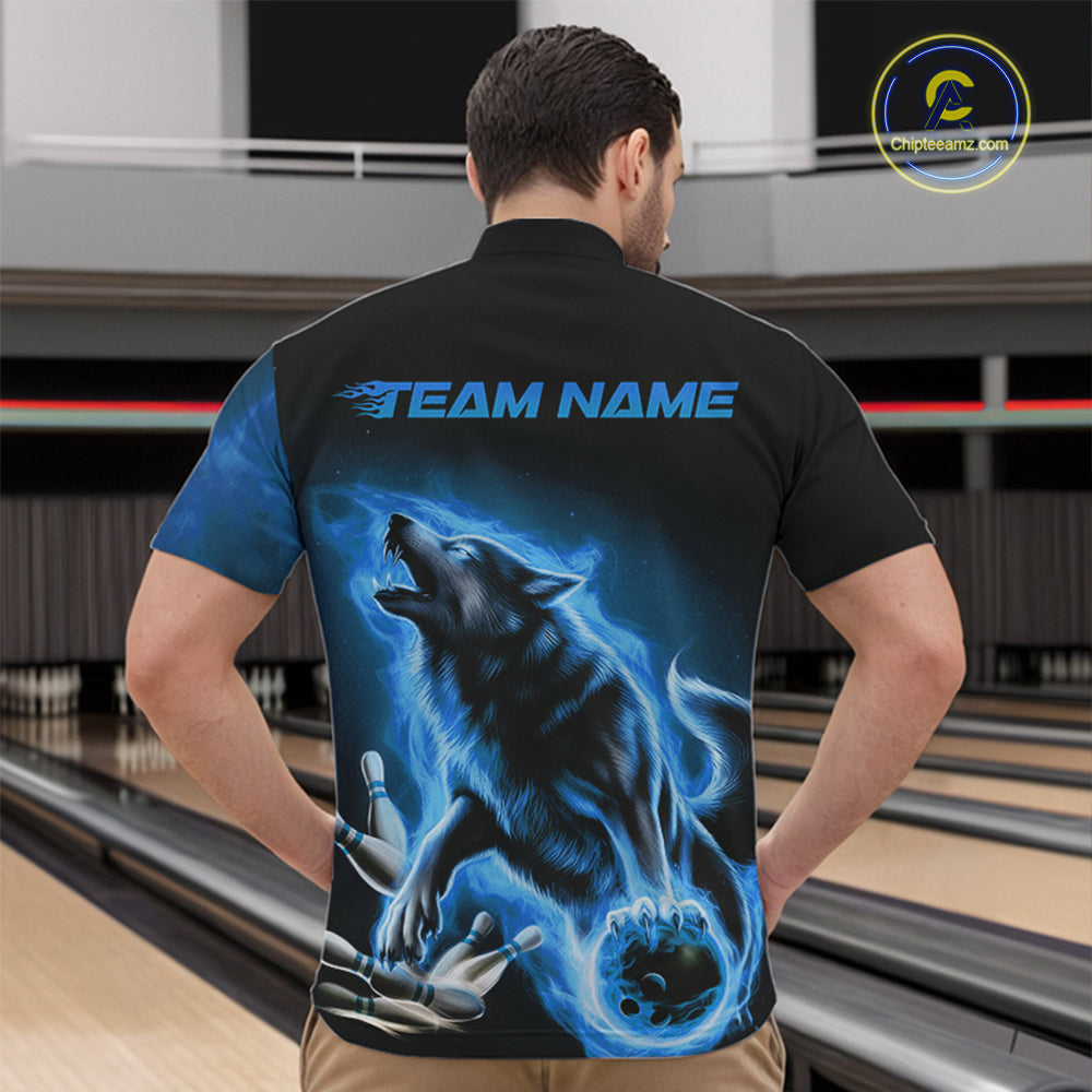 Custom Blue Fire Flaming Wolf Bowling Quarter-Zip Shirts For Men, Wolf Bowling Tournament Shirt IPHW8429