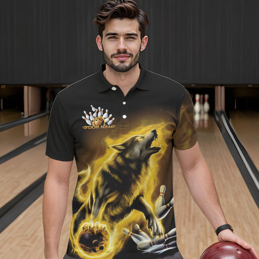 Custom Yellow Fire Flaming Wolf Bowling Polo Shirts For Men, Wolf Bowling Tournament Shirt IPHW8430
