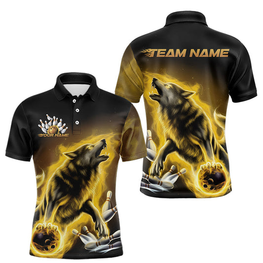 Custom Yellow Fire Flaming Wolf Bowling Polo Shirts For Men, Wolf Bowling Tournament Shirt IPHW8430