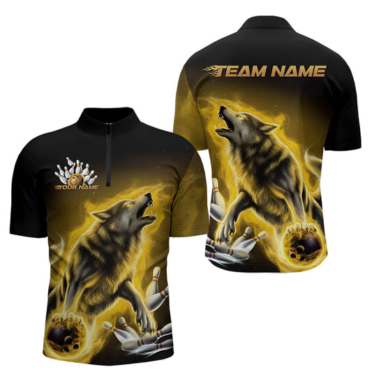 Custom Yellow Fire Flaming Wolf Bowling Quarter-Zip Shirts For Men, Wolf Bowling Tournament Shirt IPHW8430