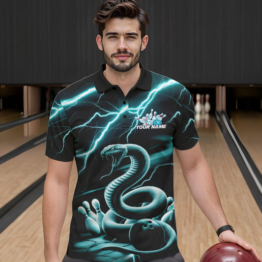 Custom Black And Blue Thunder Lightning Snake Bowling Polo Shirts For Men, Team Outfits IPHW8647