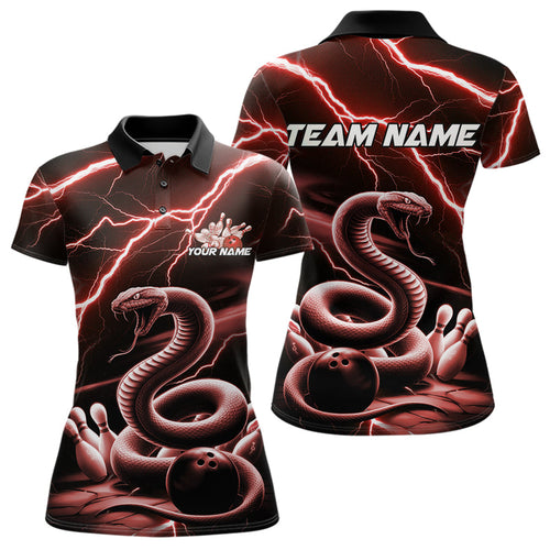 Custom Black And Red Thunder Lightning Snake Bowling Polo Shirts For Women, Team Outfits IPHW8649