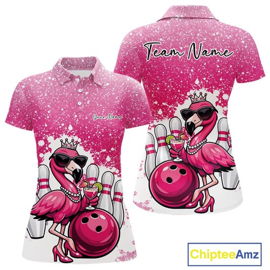 Front and back view of a pink women’s bowling polo shirt showcasing a crowned flamingo holding a cocktail beside a bowling ball on a paint splatter background.