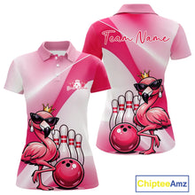 Load image into Gallery viewer, Front and back mockup of a pink women’s bowling polo shirt featuring a crowned flamingo wearing sunglasses beside a bowling ball.