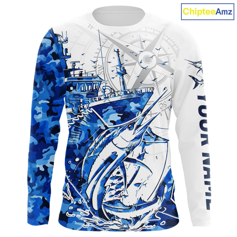 Custom Blue Camo Saltwater Sailfish Long Sleeve Fishing Shirts, Offshore Fishing Shirt IPHW9168