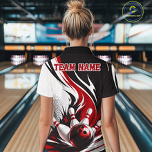 Load image into Gallery viewer, Back view of a female model wearing a white, black, and red bowling polo shirt showcasing a flaming bowling ball striking pins artwork in a bowling lane.