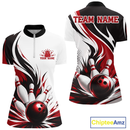 Front and back view of a women's bowling quarter zip mockup featuring a flaming bowling ball striking pins design on a white, black, and red shirt.