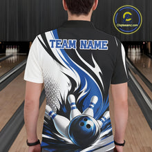 Load image into Gallery viewer, Back view of a male model wearing a white, black, and blue bowling polo shirt featuring a flaming bowling ball striking pins in a bowling lane.