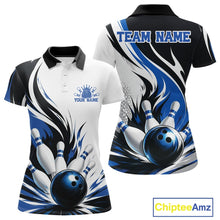 Load image into Gallery viewer, Front and back view of a women's bowling polo shirt mockup showcasing a flaming bowling ball striking pins artwork on a white, black, and blue shirt.