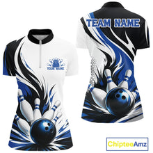 Load image into Gallery viewer, Front and back view of a women's bowling quarter zip mockup featuring a flaming bowling ball striking pins design on a white, black, and blue shirt.