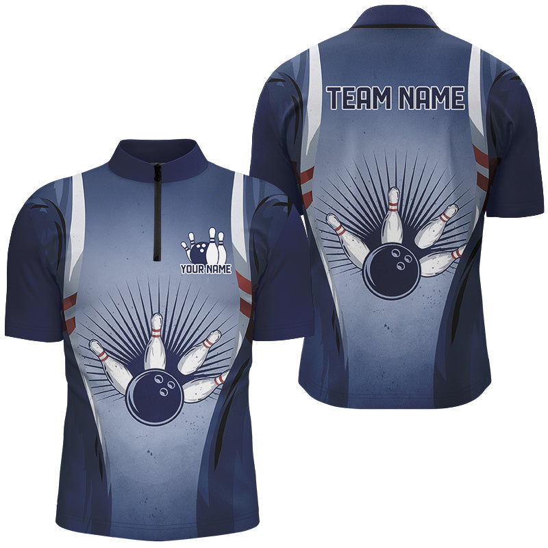 Navy Blue Custom Vintage Bowling Shirts For Men, Classic Bowling Team Shirt Bowler Outfits IPHW7538