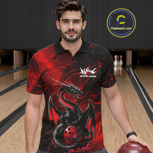 Custom Red Lightning Dragon Bowling Polo Shirt For Men, Dragon Bowling Team Jersey IPHW9901