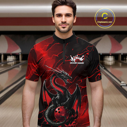 Custom Red Lightning Dragon Bowling Quarter-Zip Shirt For Men, Dragon Bowling Team Jersey IPHW9901
