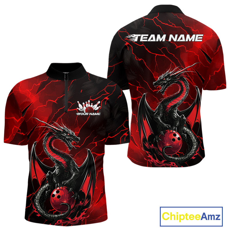 Custom Red Lightning Dragon Bowling Quarter-Zip Shirt For Men, Dragon Bowling Team Jersey IPHW9901