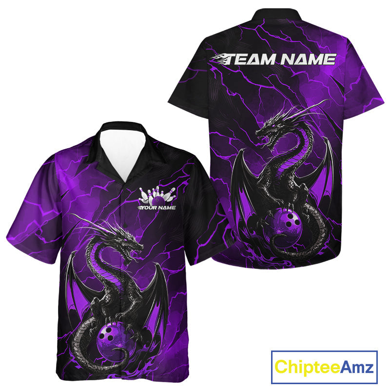 Custom Purple Lightning Dragon Bowling Hawaiian Shirt For Men And Women, Dragon Bowling Team Jersey IPHW9902
