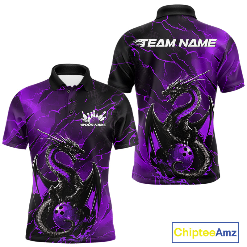 Custom Purple Lightning Dragon Bowling Polo Shirt For Men, Dragon Bowling Team Jersey IPHW9902