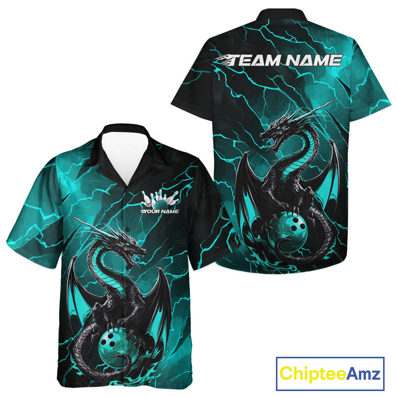 Custom Blue Lightning Dragon Bowling Hawaiian Shirt For Men And Women, Dragon Bowling Team Jersey IPHW9903