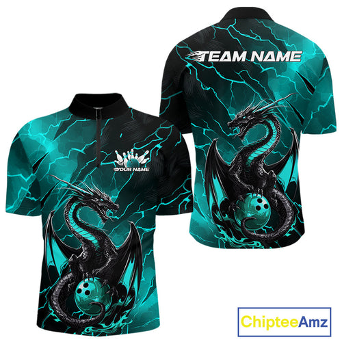 Custom Blue Lightning Dragon Bowling Quarter-Zip Shirt For Men, Dragon Bowling Team Jersey IPHW9903