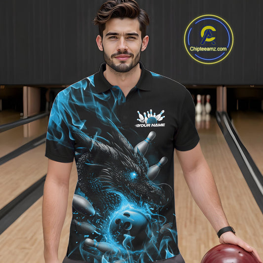 Custom Black And Blue Flame Dragon Bowling Men Polo Shirt, Dragon Bowling League Shirt IPHW10273