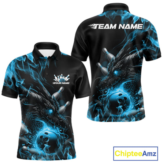 Custom Black And Blue Flame Dragon Bowling Men Polo Shirt, Dragon Bowling League Shirt IPHW10273