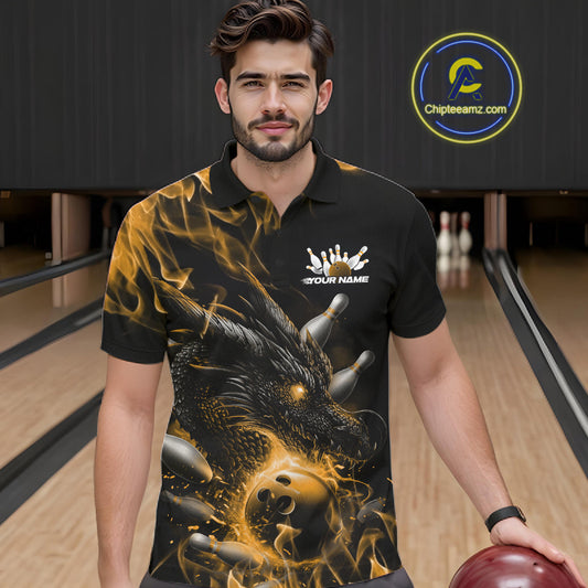 Custom Black And Gold Flame Dragon Bowling Men Polo Shirt, Dragon Bowling League Shirt IPHW10274