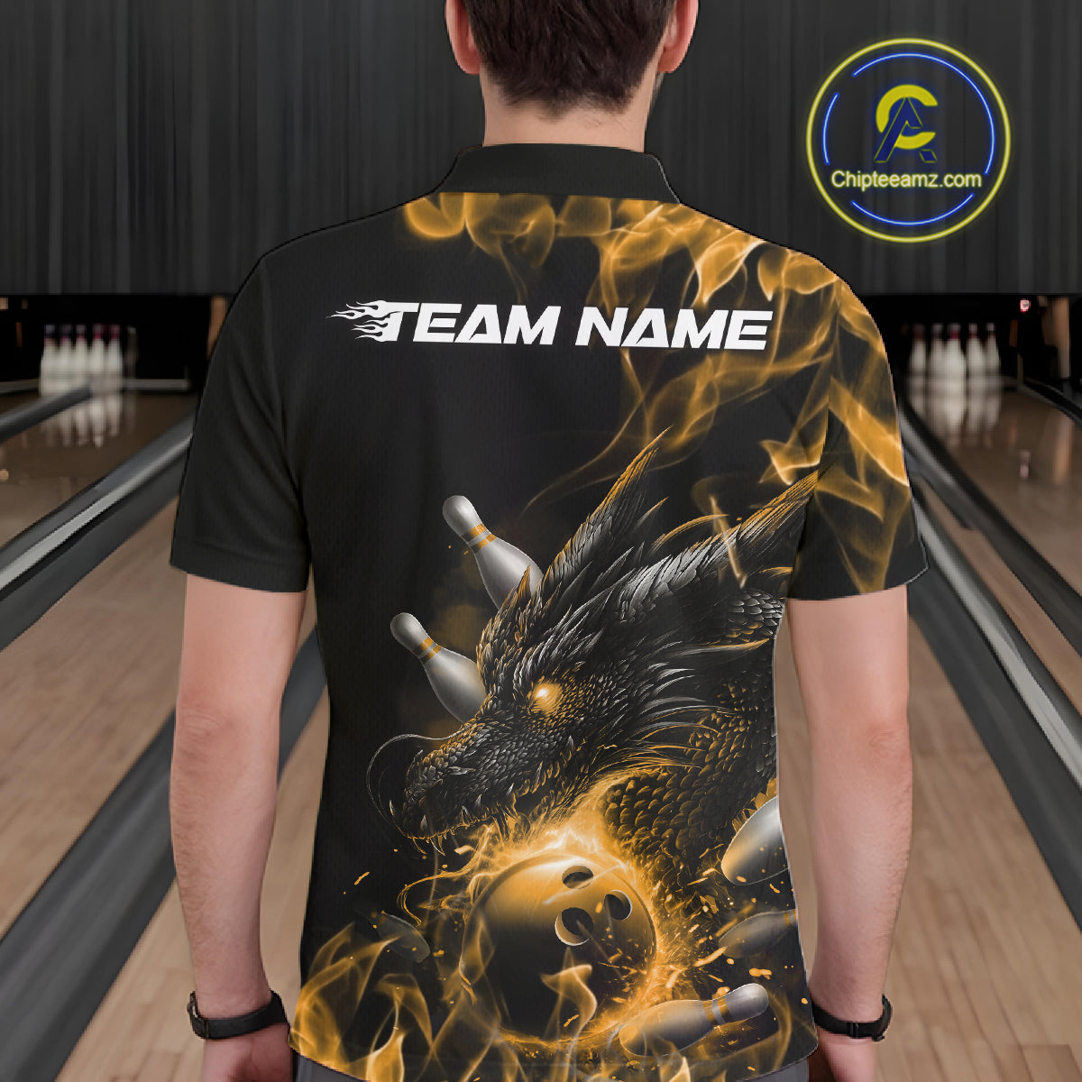 Custom Black And Gold Flame Dragon Bowling Men Polo Shirt, Dragon Bowling League Shirt IPHW10274