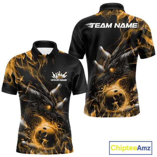 Custom Black And Gold Flame Dragon Bowling Men Polo Shirt, Dragon Bowling League Shirt IPHW10274