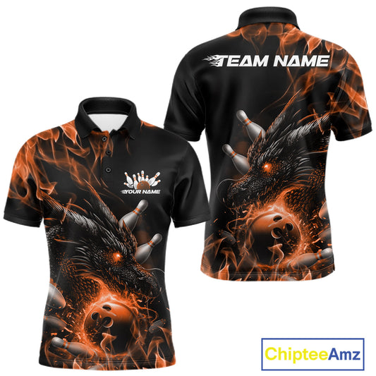 Custom Black And Orange Flame Dragon Bowling Men Polo Shirt, Dragon Bowling League Shirt IPHW10275