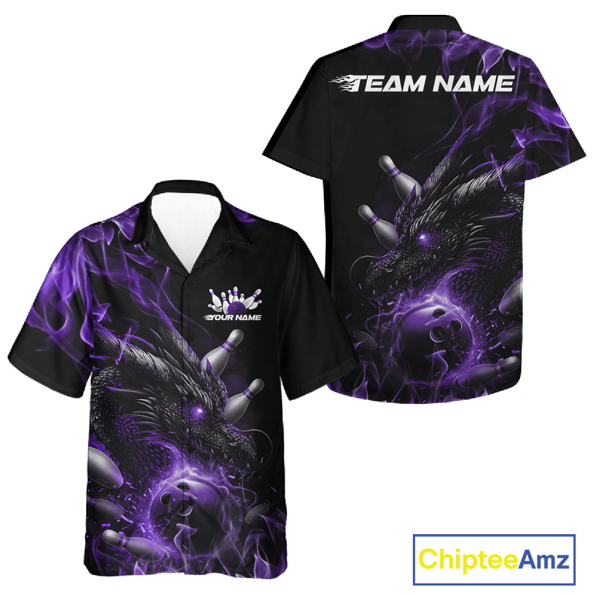 Custom Black And Purple Flame Dragon Bowling Men And Women Hawaiian Shirt, Dragon Bowling League Shirt IPHW10276