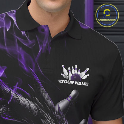 Custom Black And Purple Flame Dragon Bowling Men Polo Shirt, Dragon Bowling League Shirt IPHW10276