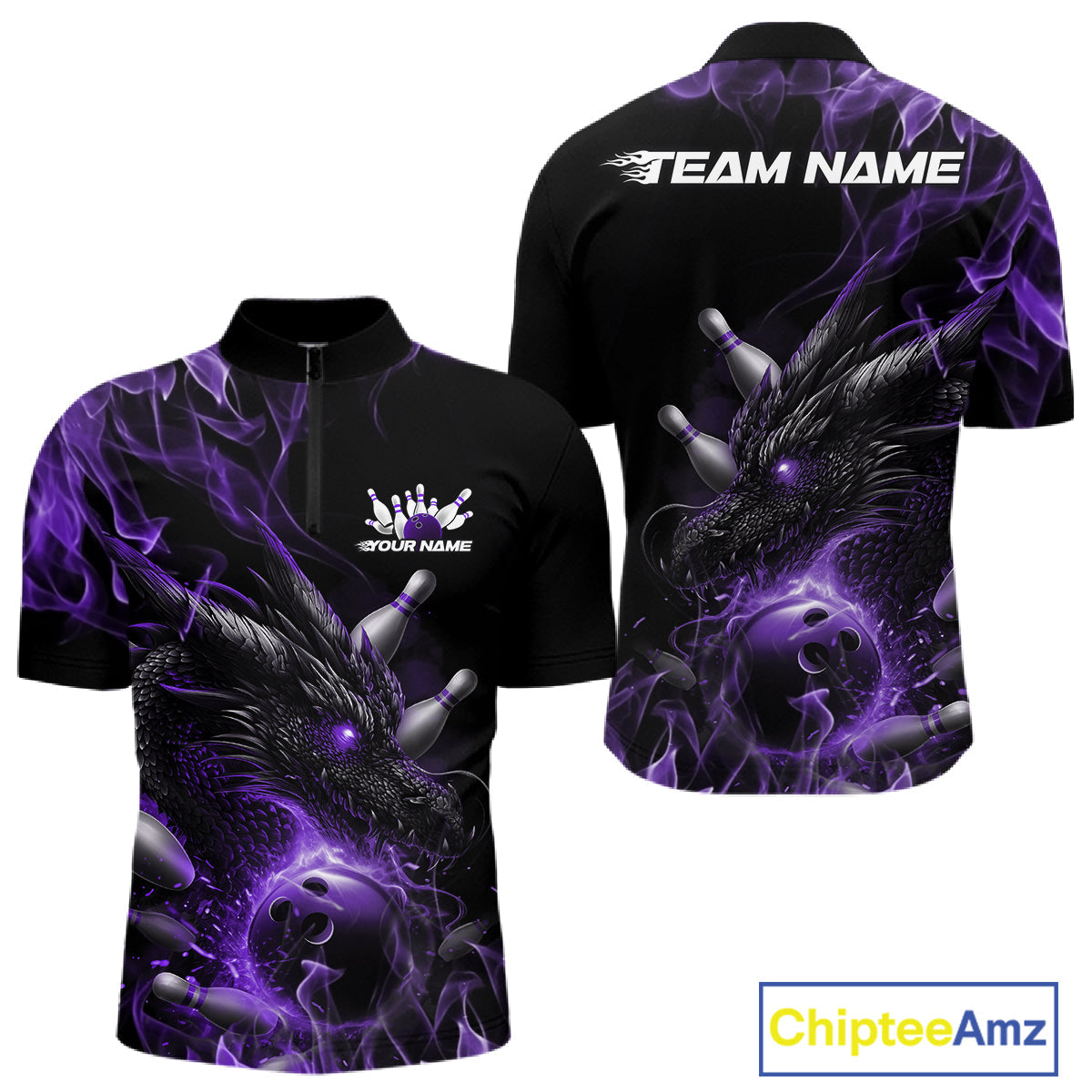Custom Black And Purple Flame Dragon Bowling Men Quarter-Zip Shirt, Dragon Bowling League Shirt IPHW10276