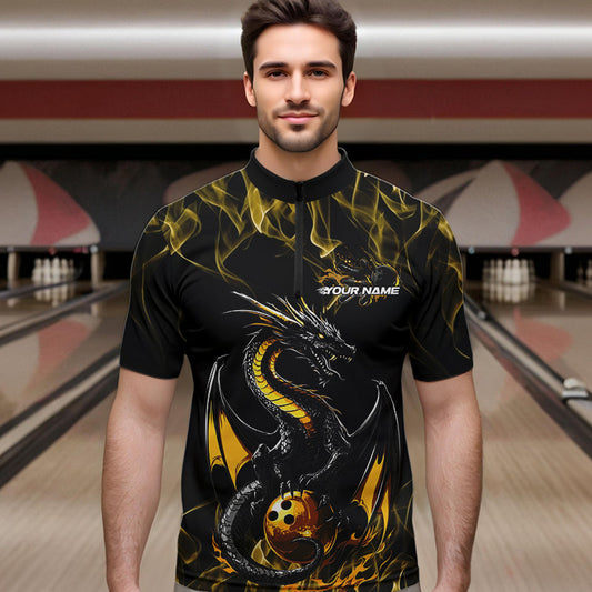 Custom Black And Gold Flame Dragon Bowling Team Quarter-Zip Shirts For Men, Bowling League Shirt IPHW8653